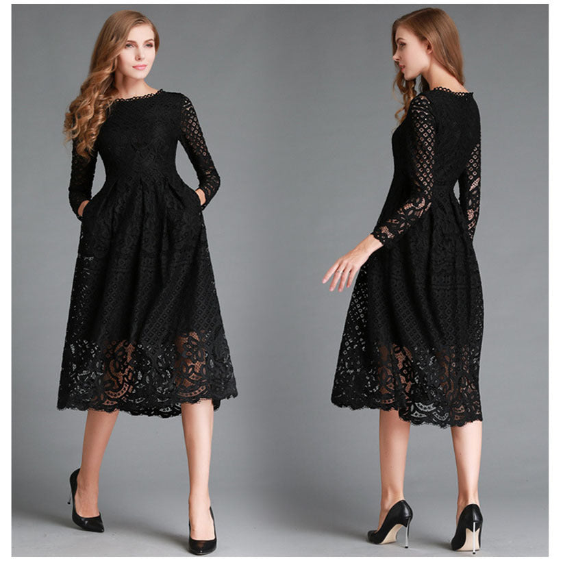 Autumn New Women&#039;s Clothing Dress Round Neck Hollow Simple Lace Long Sleeve Slim Midi Dress