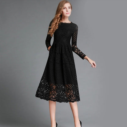 Autumn New Women&#039;s Clothing Dress Round Neck Hollow Simple Lace Long Sleeve Slim Midi Dress