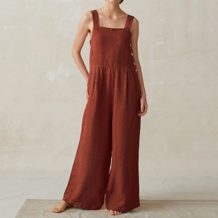 Cross-border New Wish Amazon AliExpress Wide Leg Jumpsuit Women&#039;s Side Buckle Cotton Linen Pocket Work Clothes