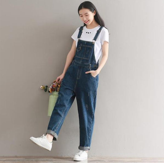 Real Shot 6720# Artistic Retro Washed Denim Suspender Wide Leg Casual Pants For Women