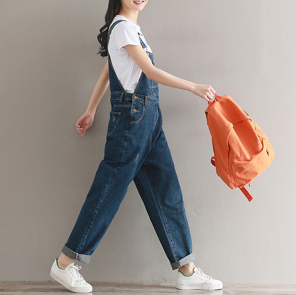 Real Shot 6720# Artistic Retro Washed Denim Suspender Wide Leg Casual Pants For Women