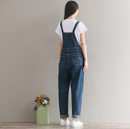 Real Shot 6720# Artistic Retro Washed Denim Suspender Wide Leg Casual Pants For Women