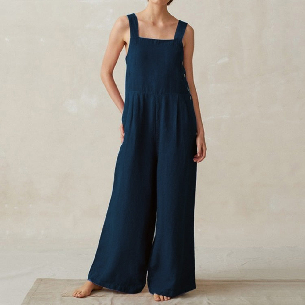 Cross-border New Wish Amazon AliExpress Wide Leg Jumpsuit Women&#039;s Side Buckle Cotton Linen Pocket Work Clothes