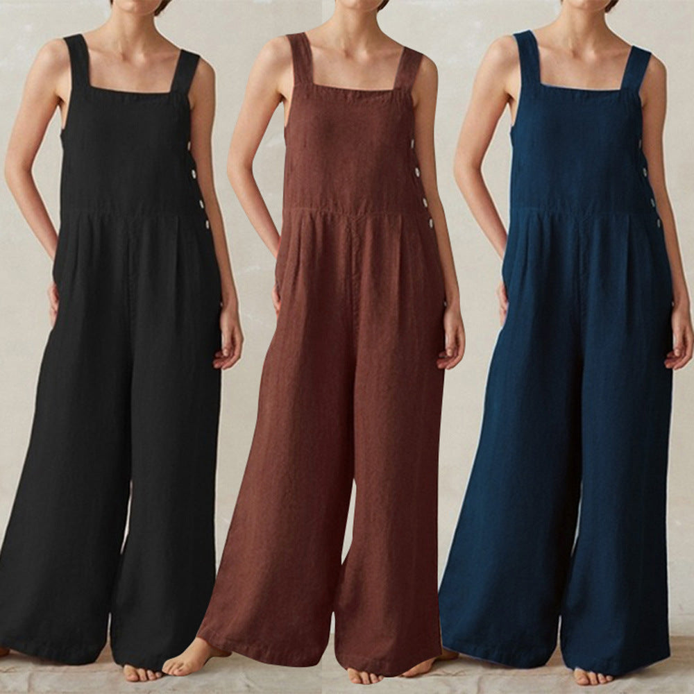 Cross-border New Wish Amazon AliExpress Wide Leg Jumpsuit Women&#039;s Side Buckle Cotton Linen Pocket Work Clothes