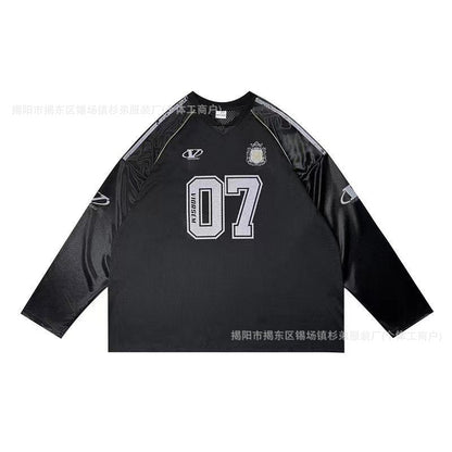 American-style Vintage Letter Graffiti Print Mesh Jersey Long-sleeved T-shirt Loose Hiphop Niche Top Women&#039;s Ball Clothes