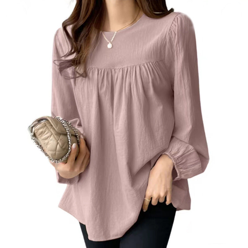 Spring And Autumn  European And American Clothing Solid Color Loose Round Neck Large Size Shirt