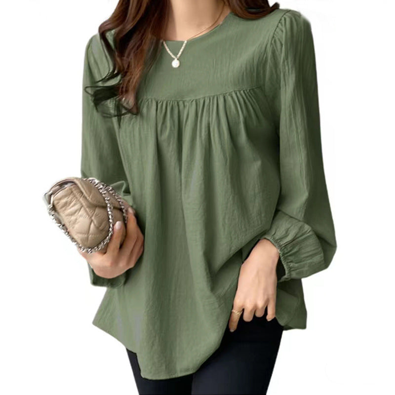 Spring And Autumn  European And American Clothing Solid Color Loose Round Neck Large Size Shirt