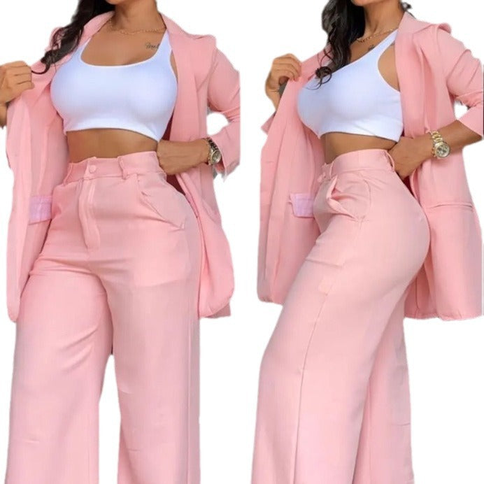 Women&#039;s Elegant Solid Color Split Sleeve Lapel Suit Pocket Straight Pants Suit