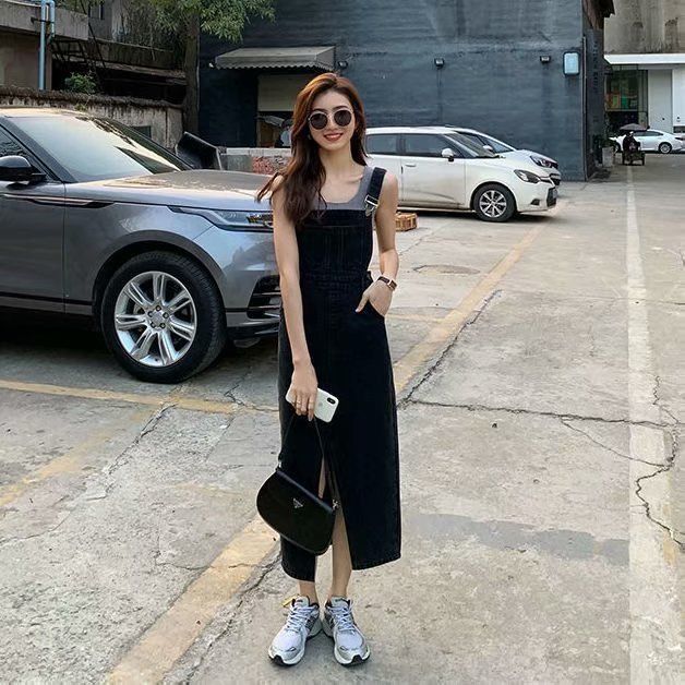 Women&#039;s Spring And Autumn New Korean-style Loose Retro Slimming Mid-length Slit Slip Skirt Denim Dress Small