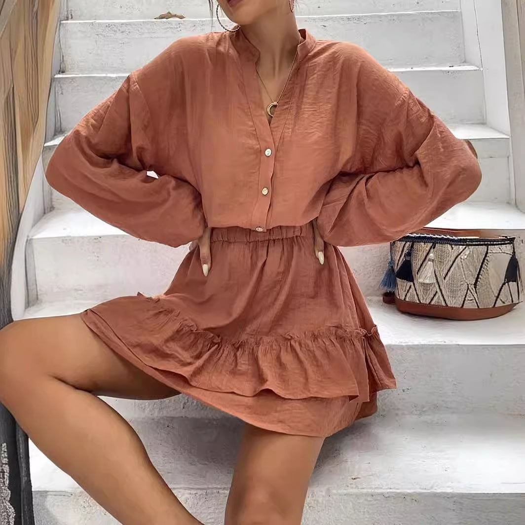 2023 Amazon Dress European And American Autumn Long-sleeved Rayon Waist Ruffled Casual Elegant A- Line Short Dress For Women