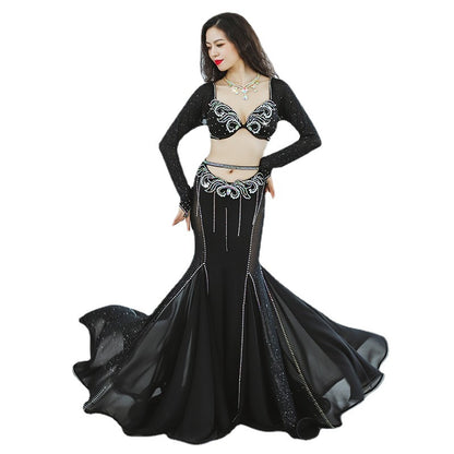 New Belly Dance Performance Suit Black Long Sleeve High Waist Hollow Fishtail Dress