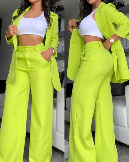 Women&#039;s Elegant Solid Color Split Sleeve Lapel Suit Pocket Straight Pants Suit