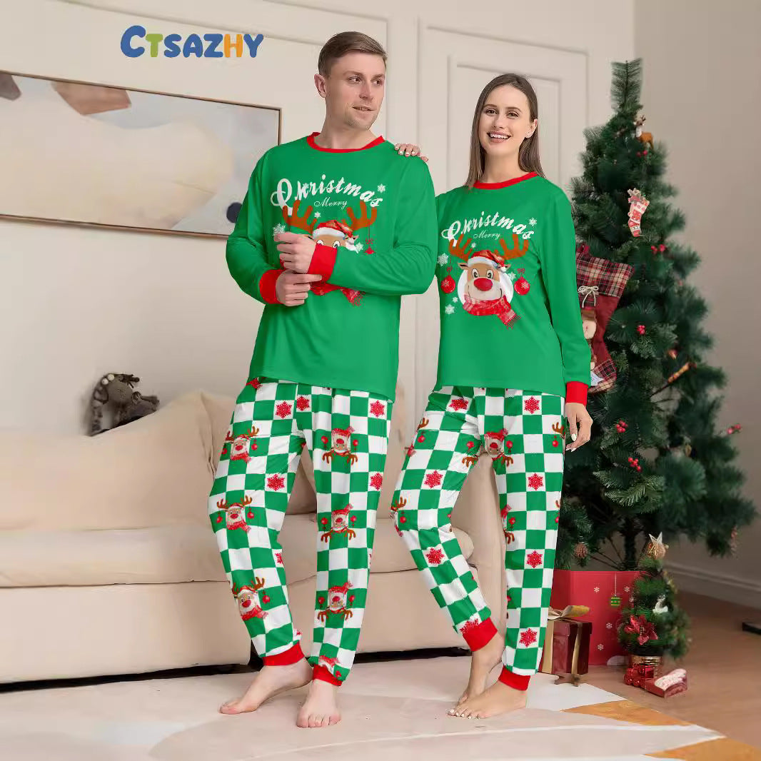 CPC Certified Family Wear Cross-border Deer Printed Green Suit European And American Baby Men And Women&#039;s Family Christmas Parental Wear