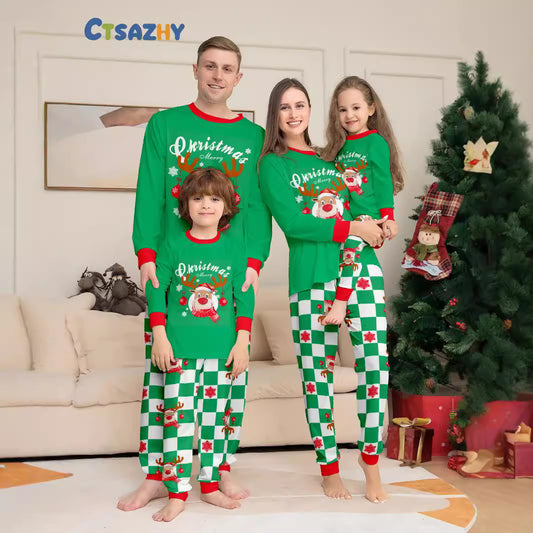 CPC Certified Family Wear Cross-border Deer Printed Green Suit European And American Baby Men And Women&#039;s Family Christmas Parental Wear