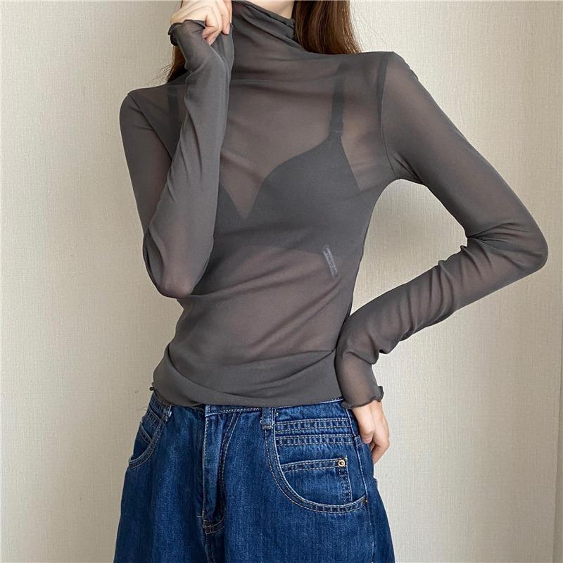 Slim-fit High Collar Long-sleeved Lace Base Shirt Women&#039;s Thin Mesh Top Autumn And Winter Black Wooden Ear-rimmed Shirt For Women