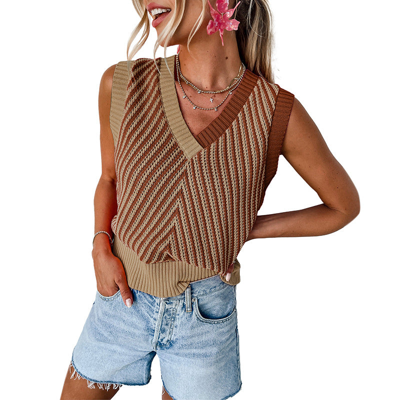 Shiying European And American Foreign Trade Fashion Women&#039;s Summer Top Cross-border Knitted V-Neck Pullover Sleeveless Sweater Vest Vest