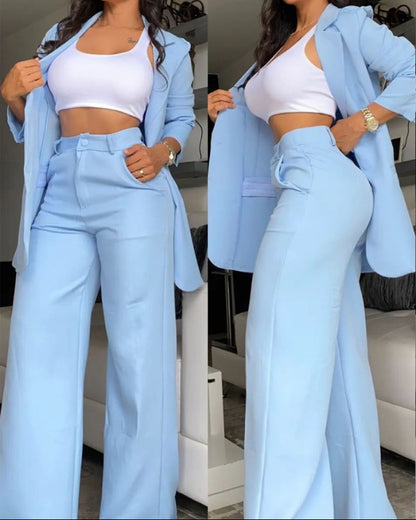 Women&#039;s Elegant Solid Color Split Sleeve Lapel Suit Pocket Straight Pants Suit