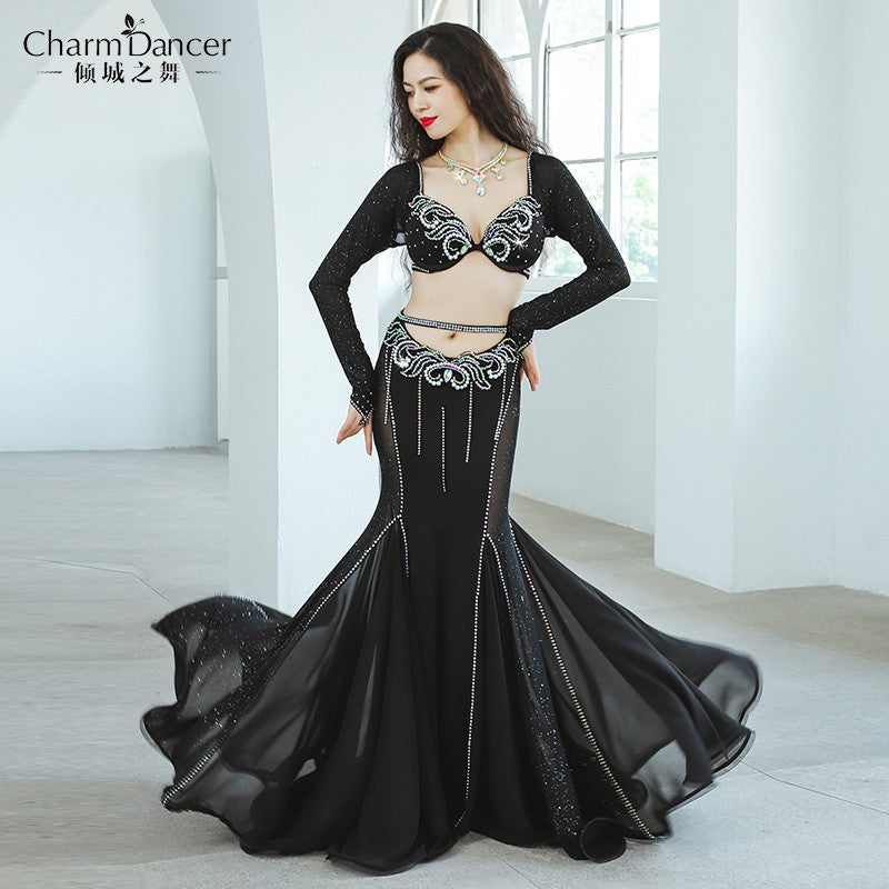 New Belly Dance Performance Suit Black Long Sleeve High Waist Hollow Fishtail Dress