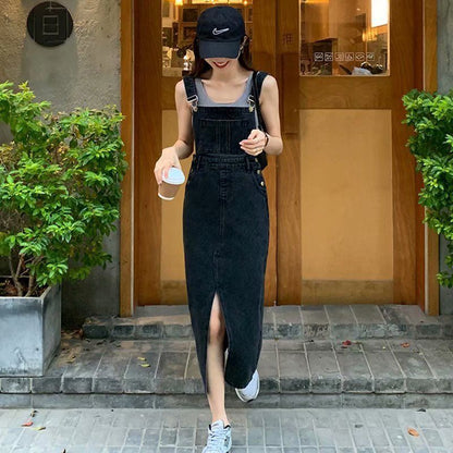 Women&#039;s Spring And Autumn New Korean-style Loose Retro Slimming Mid-length Slit Slip Skirt Denim Dress Small