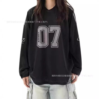 American-style Vintage Letter Graffiti Print Mesh Jersey Long-sleeved T-shirt Loose Hiphop Niche Top Women&#039;s Ball Clothes