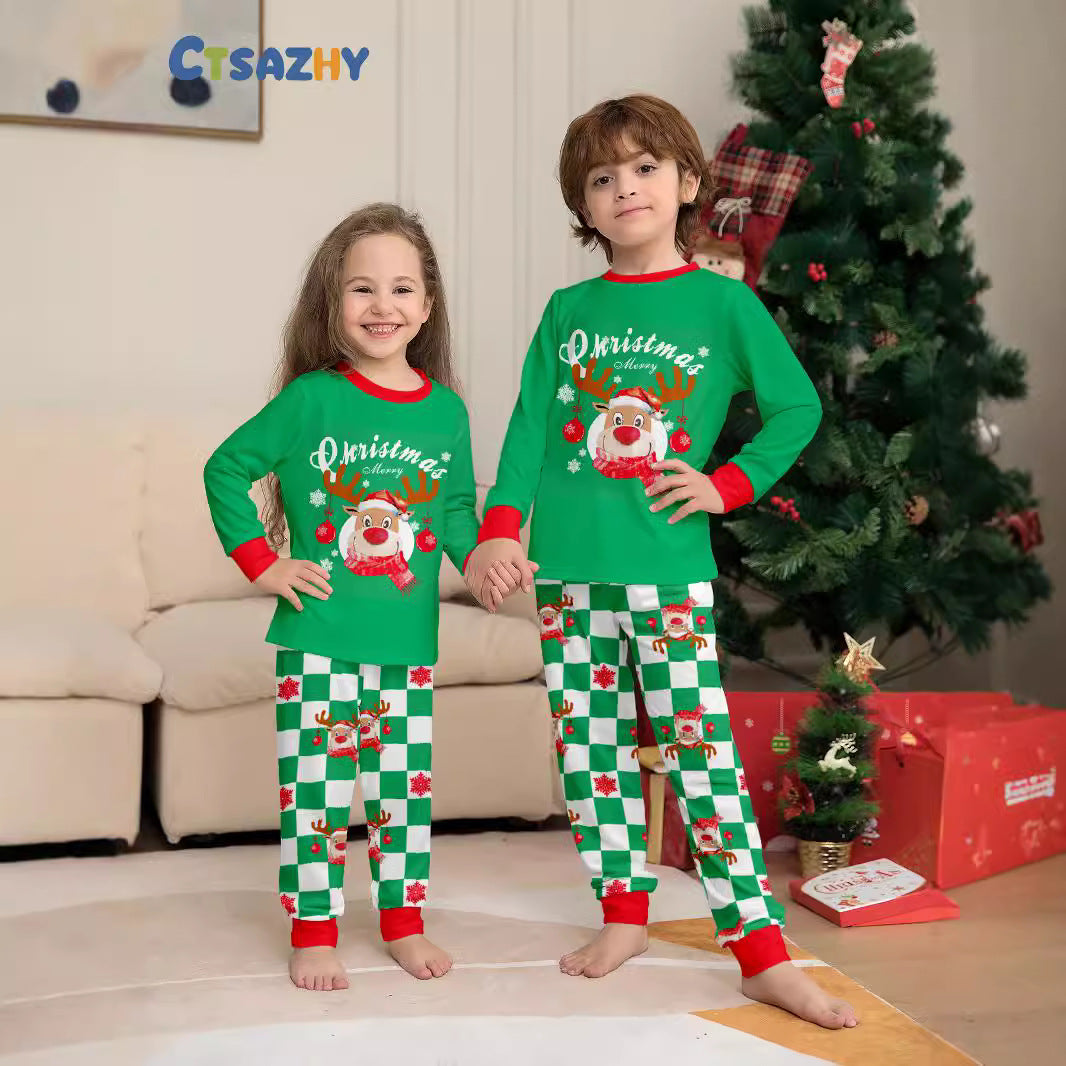 CPC Certified Family Wear Cross-border Deer Printed Green Suit European And American Baby Men And Women&#039;s Family Christmas Parental Wear