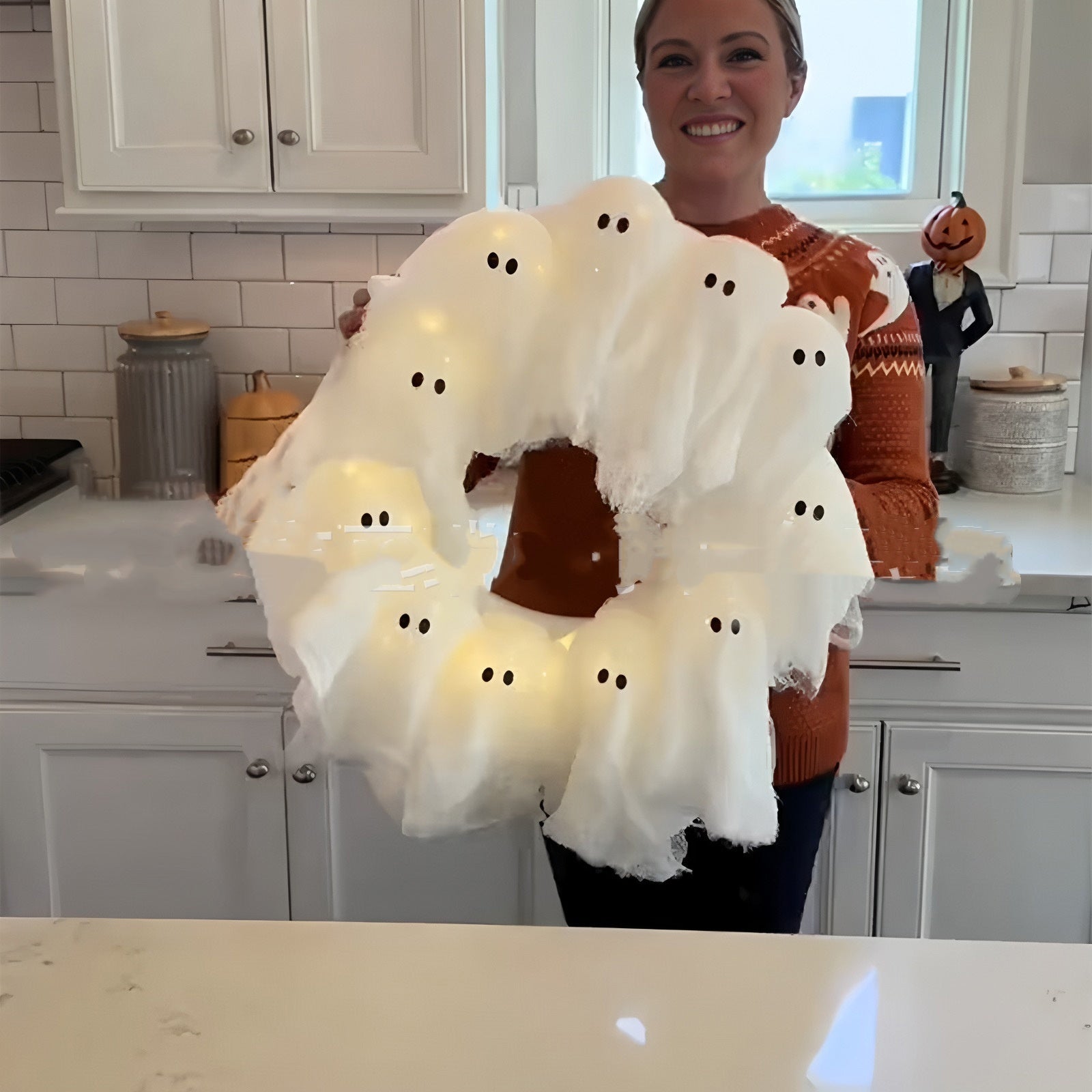 Halloween Decorations Ghost Wreath Cute Ghost Halloween Door Sign For Door Porch Wall Holiday Home Decor Glow Ghost Lights