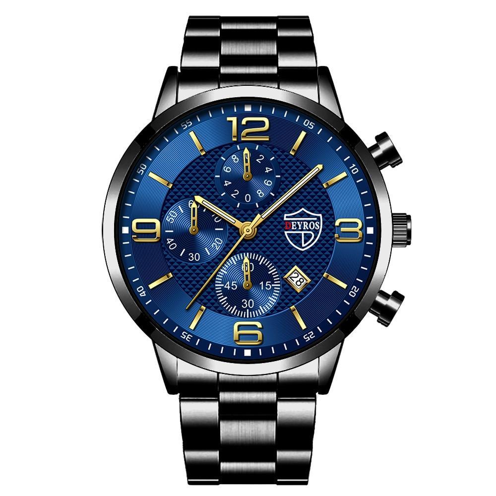 Men&#039;s steel band watch calendar fake three-eye quartz watch DEYROS watch